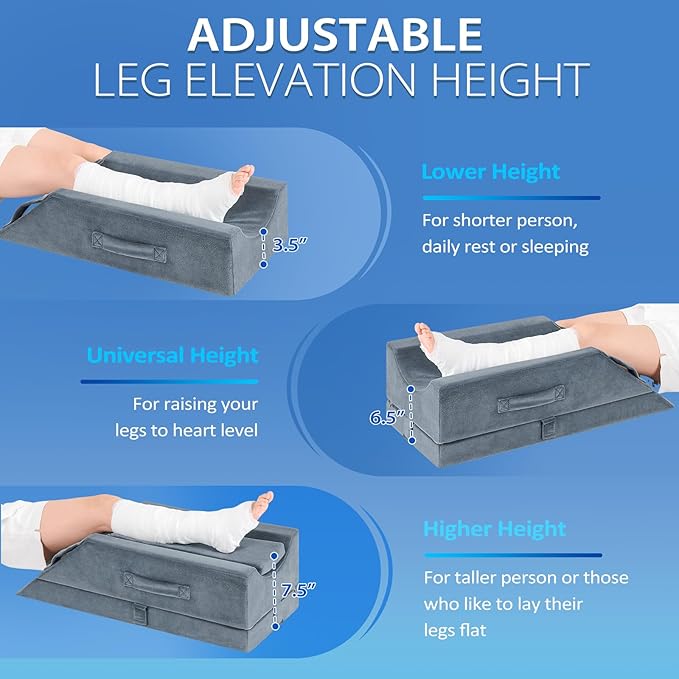 Wellsin 4-Height Adjustable Leg Elevation Pillows for After Surgery, Knee and Ankle Injuries, Memory Foam Leg Wedge Pillow with 3 Handles, 1 Insert Pad and Washable Velvet Cover