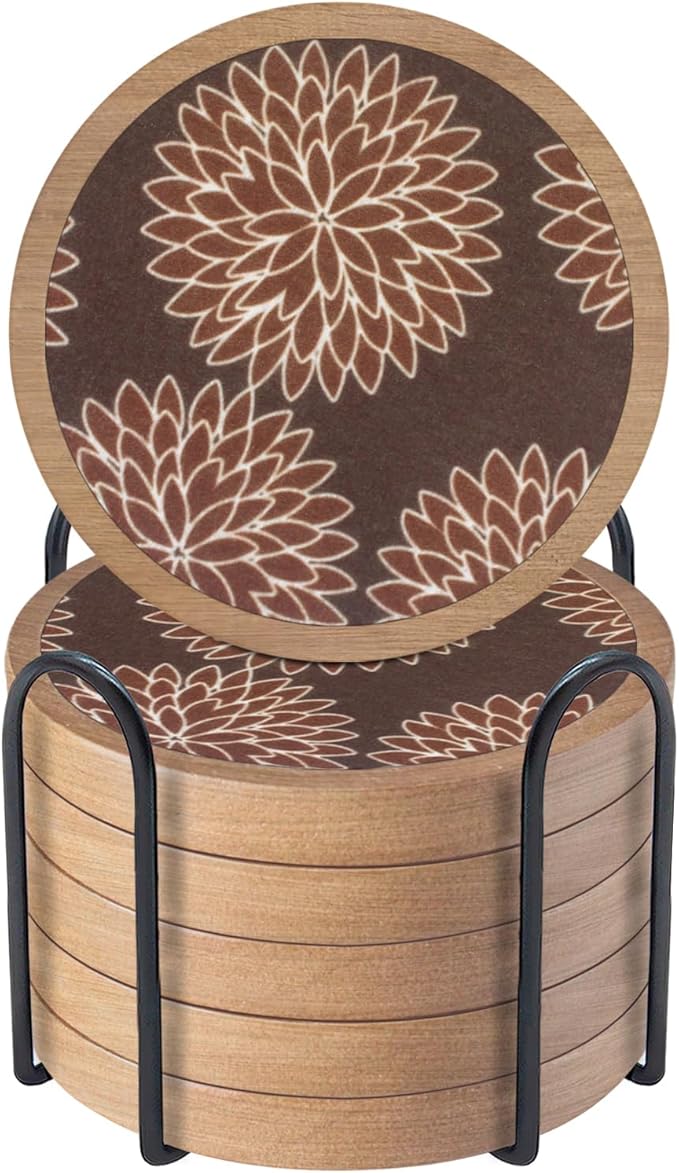 Wood Coasters Set of 6 with Holder, Cewiru Cup Mat for Drinks, Absorbent Coasters with Felt Insert for Coffee Table Protection, Modern Style Home Dining Table Decor, 4.3" Brown