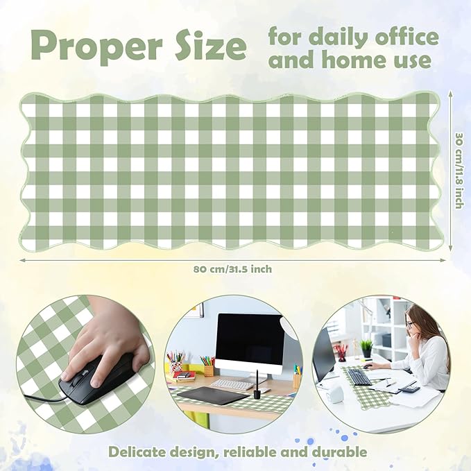 Copkim 1 Pcs Scalloped Green Gingham Desk Mat 31.5 x 11.8 Inch Large Cute Mouse Pad Computer Mat Non Slip Waterproof Rubber Base with Border Stitching Soft Keyboard Pad for Home Office Gaming Makeup