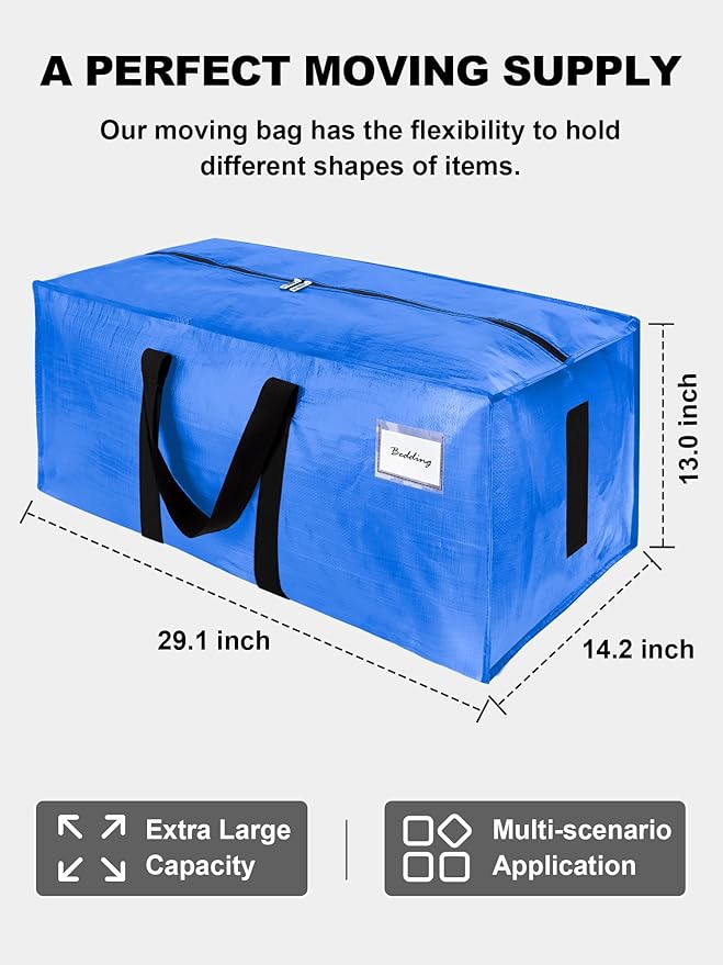 HOMESURE Supports 200lbs Heavy Duty Moving Bags - Strong Zipper & Wrap-Around Handles - Water-Resistant Storage Totes, Durable Alternative to Moving Boxes - 4 Pack - Sky Blue