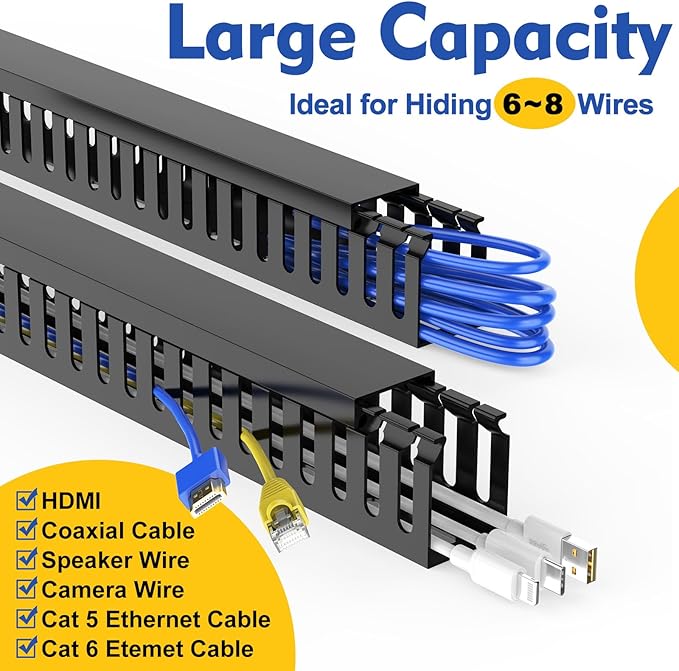 Open Slot Wiring Raceway Cable Duct, 123in Cable Management Channel Cord Track,Desk Wire Channel, Under Desk Cable Management to Hide Cables, Wires for Computers (Black, 1.18" Hx1.57"W, 15.4''L(8 Pc))