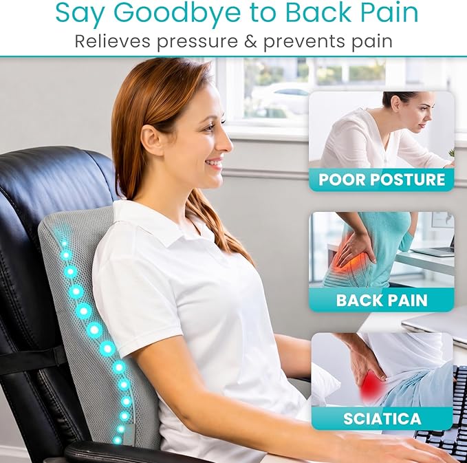 Vive Full Lumbar Cushion - Memory Foam Contour Support for Lower Back Pain - Ergonomic Pressure Relief for Office Chair, Car - Large Mesh Orthopedic Seat Backrest Roll for Improving Posture (Gray)