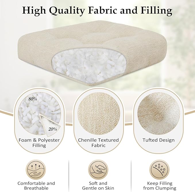 downluxe Chair Cushions for Dining Chairs 2 Pack, Tufted Indoor Chair Pads with Non-Slip Bottom, U-Shaped Kitchen Chair Cushions, 18"x18"x4", Beige