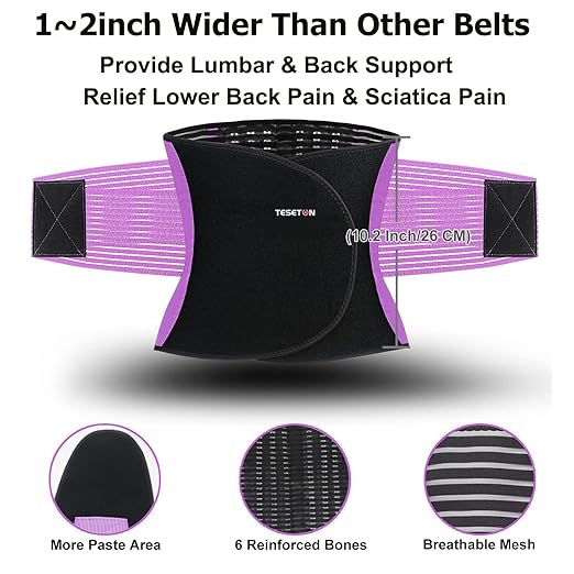 TESETON Back Support Brace Belt for Men & Women, Breathable Lumbar Support Belt, scoliosis back brace, Waist Relax Lower Back Pain & Sciatica Pain Relief with 8 reinforced Bones 02 Purple-XXL