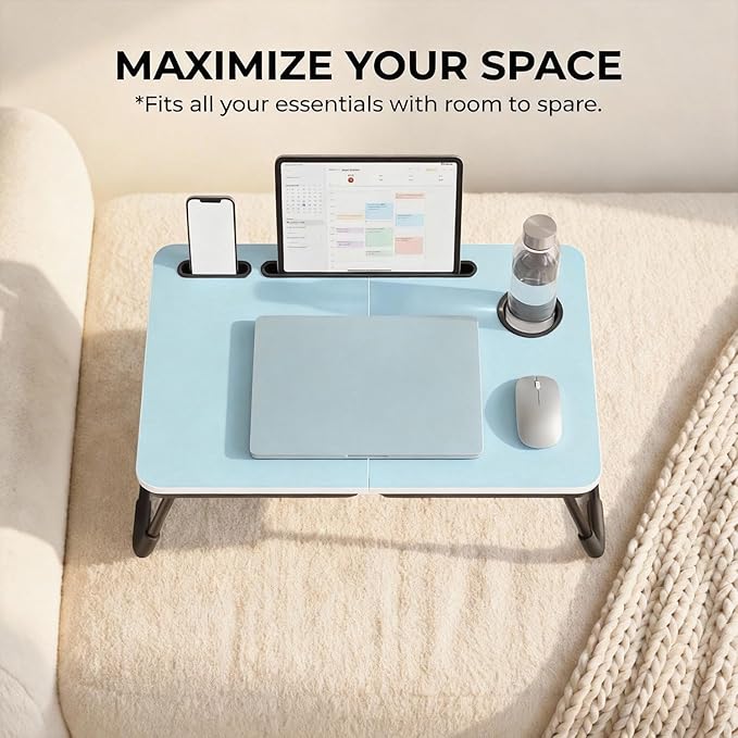 BUYIFY Foldable Laptop Bed Desk for Couch, Sofa - Large Lap Desk Tray Table with Cup Holder and Tablet Slot - Portable Notebook Stand for Eating, Writing, Studying and WFH-Light Blue-DZZ004
