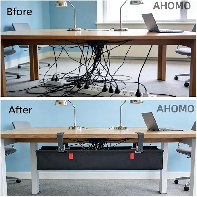 Under Desk Cable Management No Drill – 28" L x 6" W Cord Organizer, Upgraded Silicone Pads (No Scratch), 16 Cable Slots, Washable PE Honeycomb Base, Fits Desks 0–2.1" Thick, Black