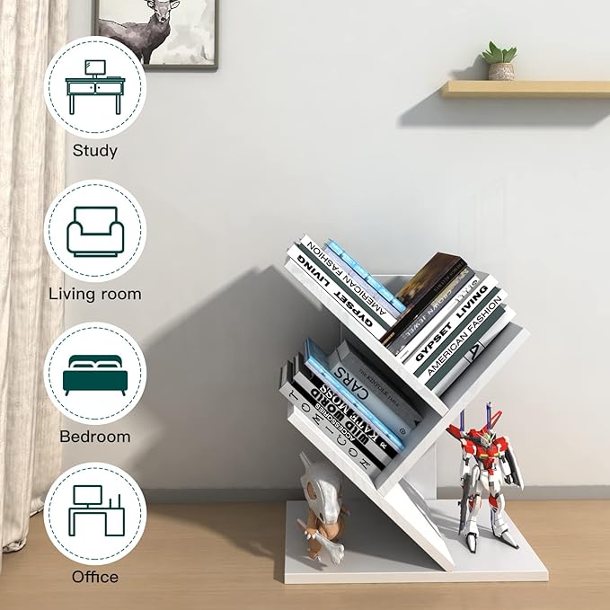Godferyxin Tree Bookshelf, 3-Tier Small Bookcase for Desk – Wood Small Bookshelf with Storage Shelves, Mini Bookcase for Bedroom, Office, White Bookshelf, CDs, Magazines Desktop Book Tree