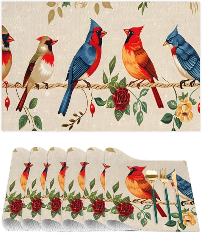 Placemats Set of 4 Heat-Resistant Rectangle Place Mats Retro Bird Cardinals Washable Plastic PVC Dining Table Mat Non-Slip Wipeable Woven Vinyl Placemat for Kitchen Patio Table Decor