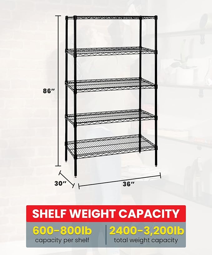 Quantum Storage Systems WR86-3036BK-5 Wire Shelving Starter Kit, 36" W x 30" D x 86" H, 600 lbs Capacity, Carbon Steel, Epoxy Coated, Black, NSF
