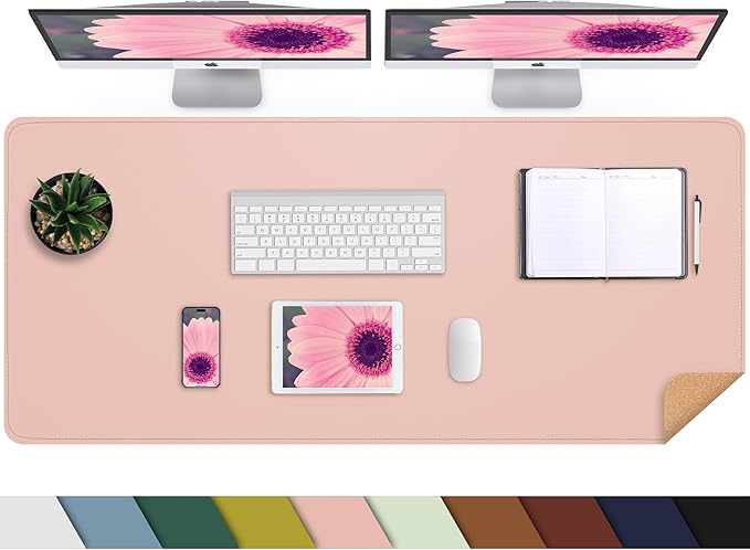 AFIING Cork Desk Mat 47" x 17", Dual-Sided Natural Cork & PU Leather Desk Pad, Non-Slip Waterproof Large Mouse Pad for Office, Home & Gaming (Pink)