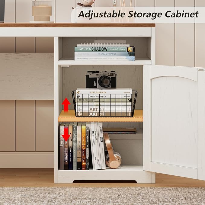 YOMILUVE 63" Farmhouse L Shaped Executive Desk with Drawers & Storage Shelf, Corner Fluted Computer Desk with Power Outlets, L Shaped Office Desk with Monitor Stand, Printer Shelf
