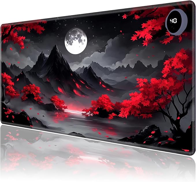 Heated Mouse Pad,Warm Desk Pad with 3 Levels Heating & 3 Hours Auto Shut-Off, PU Leather Heated Desk Pad Warmer Pad for Home Office - 31.5 x 13 inch,Red Tree Moon