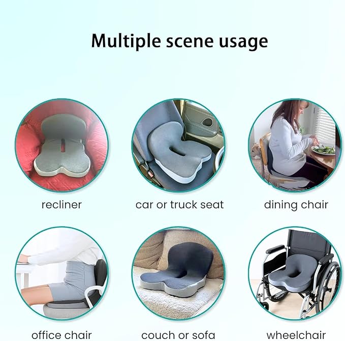 Orthopedic Cushion,Ergonomic Memory Foam L-Shaped Integrated Seat Cushions with Adjustable Strap,Ultra Breathable Non-Slip Design for Office Chair,Car,Wheelchair (Black+Gray)