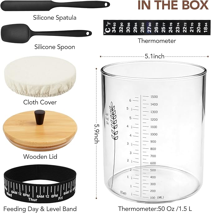 50oz Sourdough Starter Jar Kit, Wide Mouth Sourdough Jar for Sour Dough Bread, Sourdough Starter Kit & Sourdough Bread Baking Supplies, Sour Dough Starter Jars for Beginners and Pro(1 Pack)