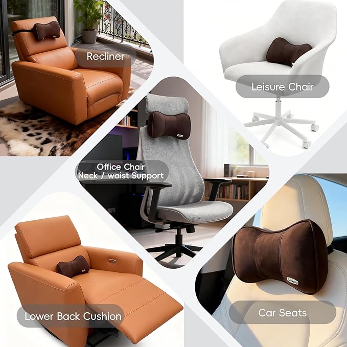 Carwales Car Neck Pillow for Travel Recliner Headrest Cushion Couch Office Chair Memory Foam Lower Back Support Lumbar Pain Relief Ergonomic Design Extension Adjustable Strap Driving Brown 1 Pack