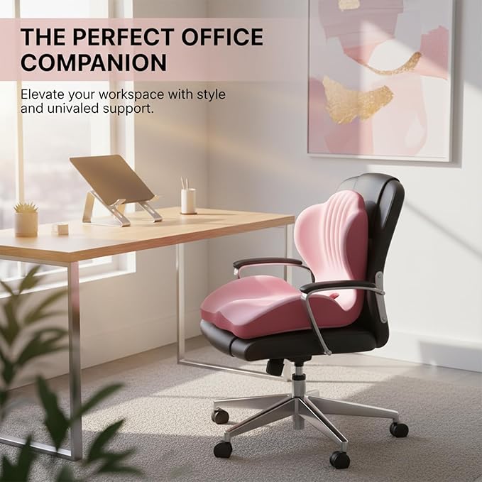 SakerPlus Seat Cushion Chair Cushions Ergonomic Memory Foam Seat Cushion, L-Shaped Office Chair Cushion & Car Seat Cushion for Long Sitting, Lower Back Support Pillow for Office, Home, Driving (Pink)