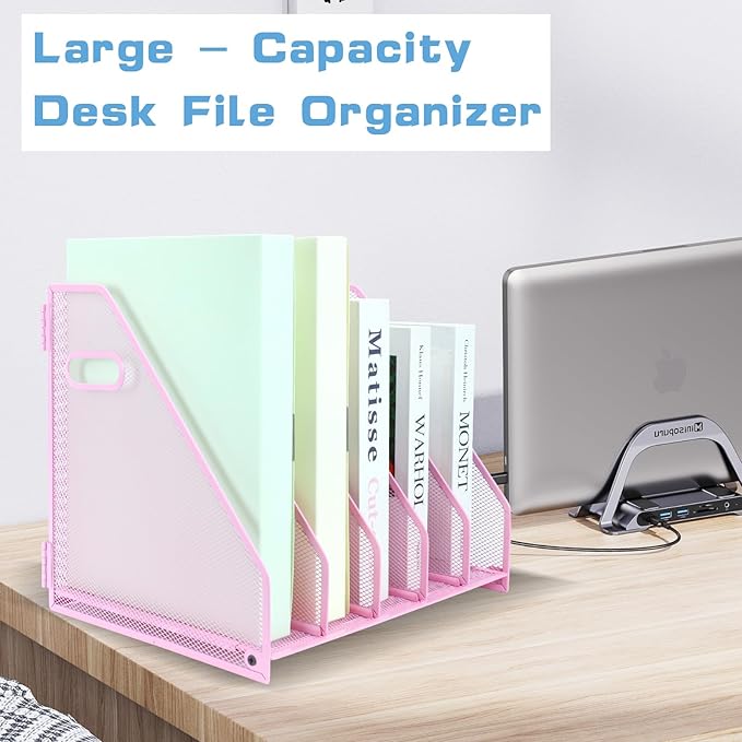 Desk Organizers Metal Magazine File Holder Racks Desktop Folder Storage Binder Organiser Document Organization for Home Office & Classroom,5 Vertical Compartments-Pink