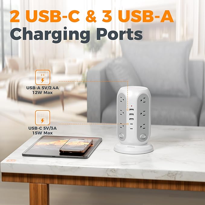 TESSAN Tower Power Strip with Individual Switches, Surge Protector with 12 Outlets, 5 USB Ports(2 USB C), Flat Extension Cord 15 Ft, 1250W, Charging Station for Multiple Devices, Office, Dorm, Grey
