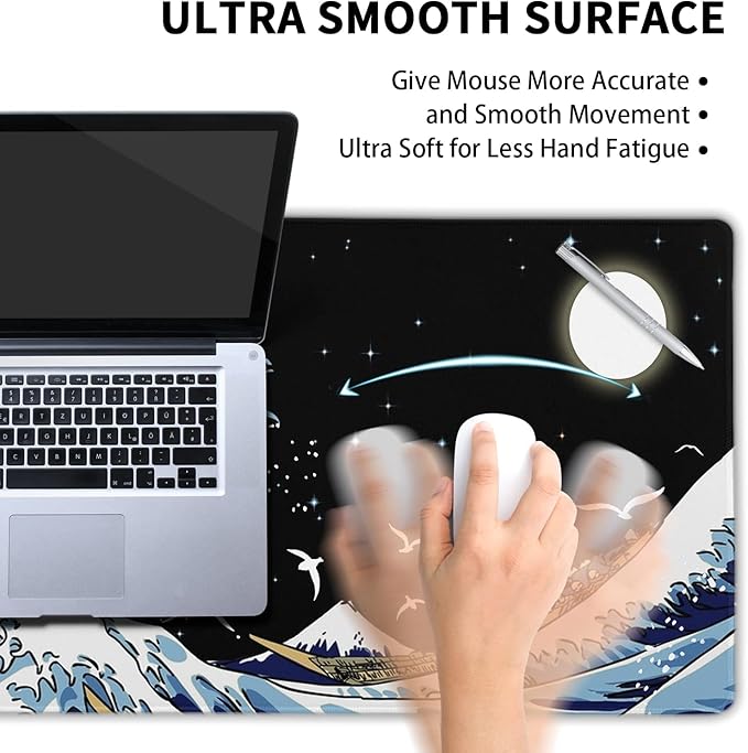 Kanagawa Surfing and Black Mouse Pad, Large Gaming Mouse Pad,Japanese Wave Desk Mat,Laptop Mousepad Non-Slip Rubber Desk Pad Keyboard Waterproof for Computer Desk Mat 11.8x31.5 in