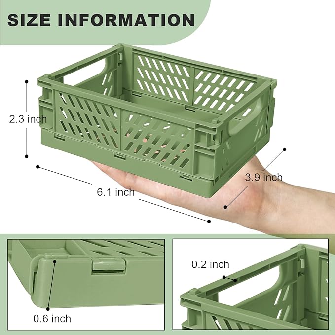 Mini Pastel Plastic Storage Bins 2Pcs Foldable Pastel Crates Plastic Basket Colorful Storage Containers Baskets for Classroom Kitchen Office Bedroom Desktop Home Decor (Green 5.8" x 3.8" x 2.2")