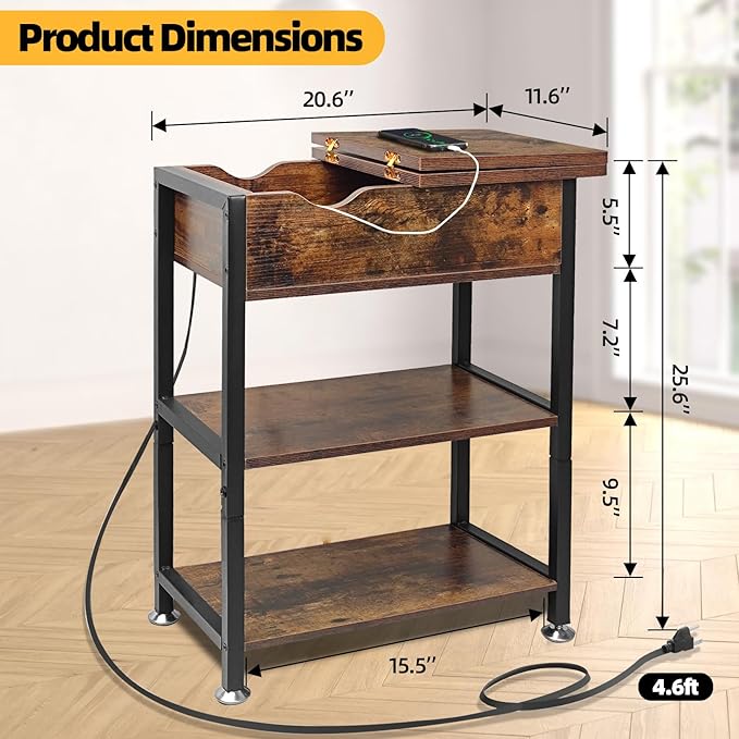 TooCust Flip Top End Table with Charging Station Set of 2, 12" D×21" W×26" H Small Side Tables with Storage & Shelves, Compact Side Table for Small Spaces, End Tables Living Room Set of 2, Brown