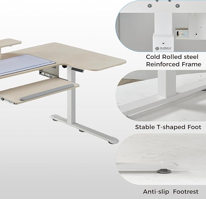 EUREKA ERGONOMIC 55 Inch L Shaped Electric Standing Desk, Height Adjustable Computer Gaming Desk with Keyboard Tray, Mouse Pad,Home Office Work,Maple Wood, Right Side