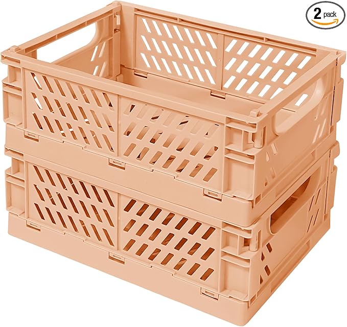 Tobeso-Nuoze Pastel Plastic Storage Baskets 2 Pack, Collapsible Crates for Organizing, Space-Saving Bins for Kitchen, Office, Bedroom (Orange, Medium:9.8" x 6.5" x 3.8")