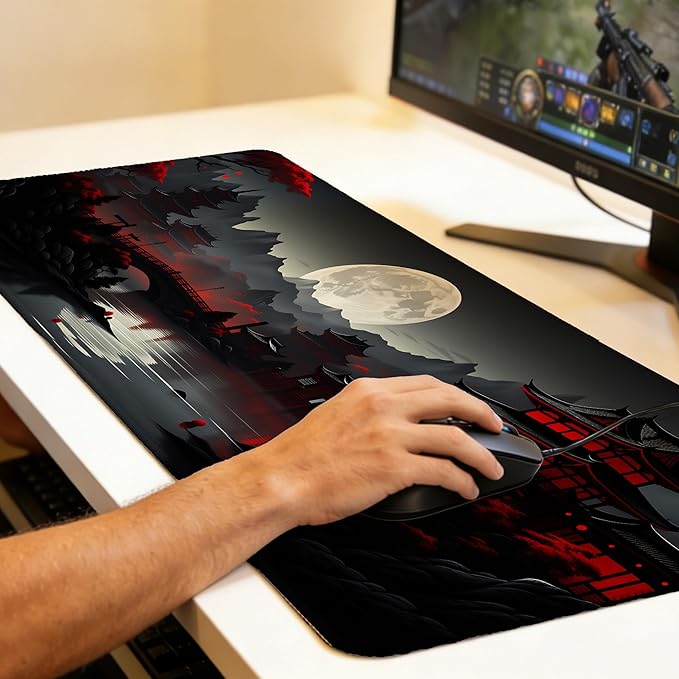 Japan Red Black Full Moon Mouse Pad,35.4 x 15.7 Inch Large Mouse Mat Non-Slip Rubber Stitched Edges for Writing Desk,Office,Home,Laptop