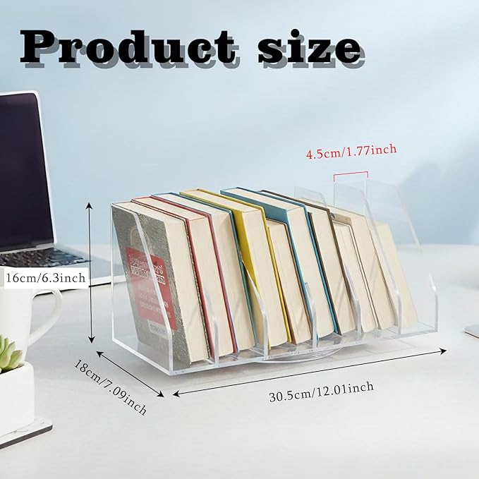 LIYAOLI Rotating Acrylic Book Organizer, 360° Spinning 6 Compartments Desktop Magazine File Holder, Vertical Storage for Books, Binders, Notebooks & Magazines, Clear Desk Organizer for Home Office