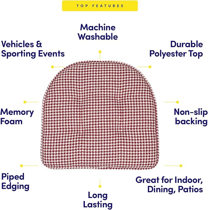 Sweet Home Collection Chair Cushion Memory Foam Pads Tufted Slip Non Skid Rubber Back U-Shaped 17" x 16" Seat Cover, 2 Count (Pack of 1), Houndsooth Red