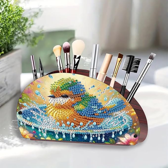 POETRYDRAW DIY Bird Diamond Art Painting Wooden Storage Box – Multi-Grid Moon Fan Makeup Brush Organizer, Double-Sided Drill Tabletop Holder for Women, Office & Home Decoration