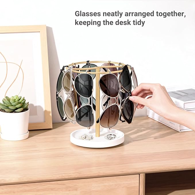 Mkono 360° Rotating Sunglasses Organizer Eyeglasses Holder Stand Metal Frame with Wood Base Tray Storage Display Rack for up to 12 Pairs of Eyewear for Table Dresser Desk Bedroom
