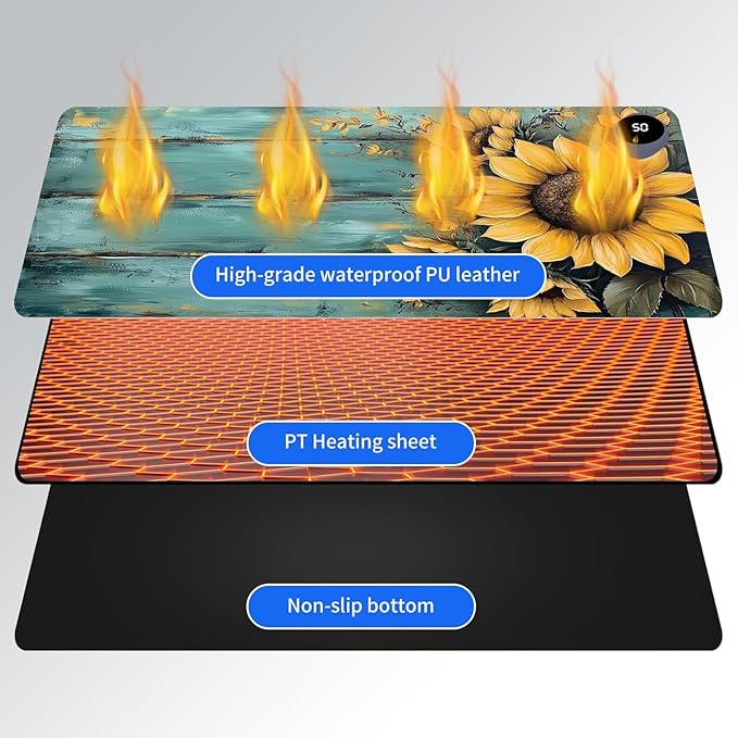 Heated Mouse Pad,Warm Desk Pad with 3 Levels Heating & 3 Hours Auto Shut-Off, PU Leather Heated Desk Pad Warmer Pad for Home Office - 31.5 x 13 inch,Sunflower Blue Wood Grain