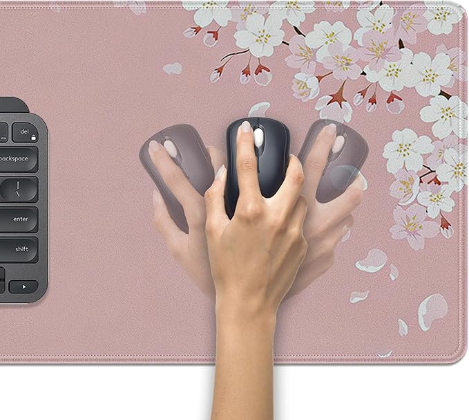 Pink Cherry Blossom Large Mouse Pad Desk Mat, 27.5x11.8in Japanese Sakura Floral Extended Keyboard Mousepad with Stitched Edges, Non-Slip Waterproof Rubber Base for Office, Computer & Laptop