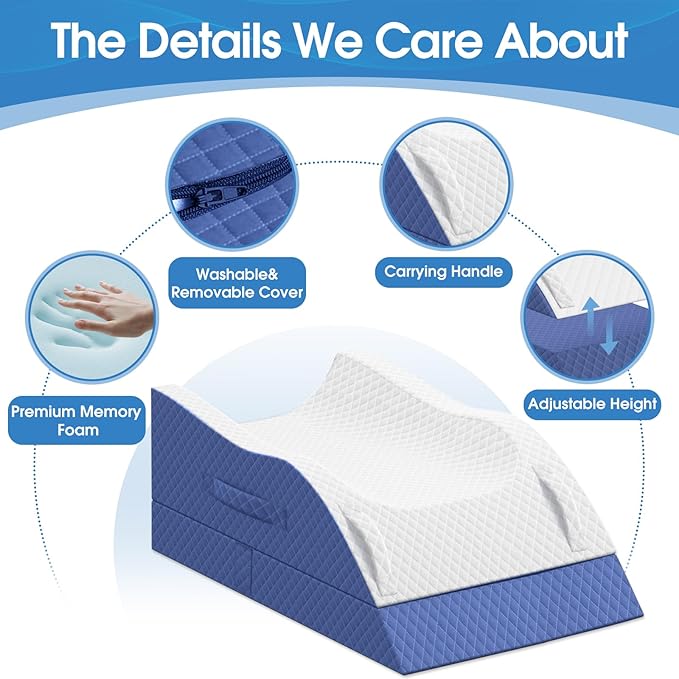 TranquilRelax Elevation Pillows for Leg After Surgery, Memory Foam Adjustable Wedge Pillow for Injury or Rest, Ankle Pillow for Sleeping Blood Circulation, Blue/Double Leg