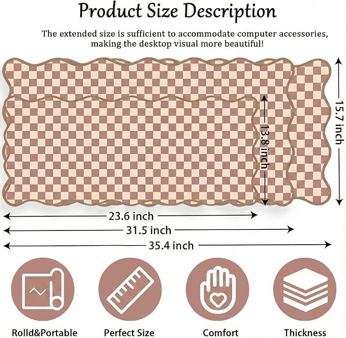 Scalloped Desk Mat Extended Large Cute Mouse Pad Big Desk Pad XXL Aesthetic Plaid Mousepad Checkered Gaming Mouse Pad for Computer Keyboard and Mouse Laptop Home Office 35.4X15.7Inches Brown Khaki
