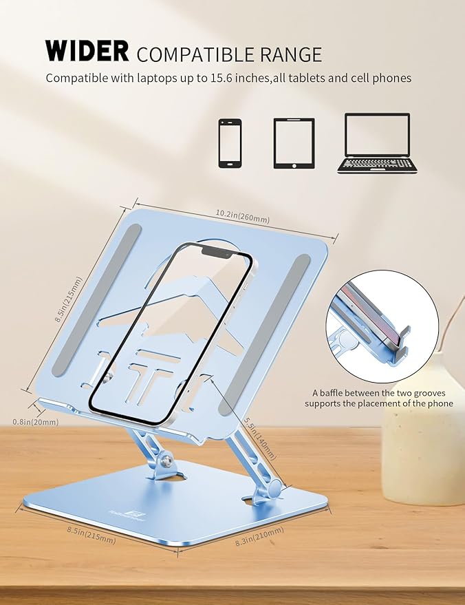 Laptop Stand Adjustable Laptop Holder for Desk, Foldable Laptop Riser Portable Computer Stand Compatible with MacBook, Lenovo, HP and All Laptops up to 16 inches Diamond Blue