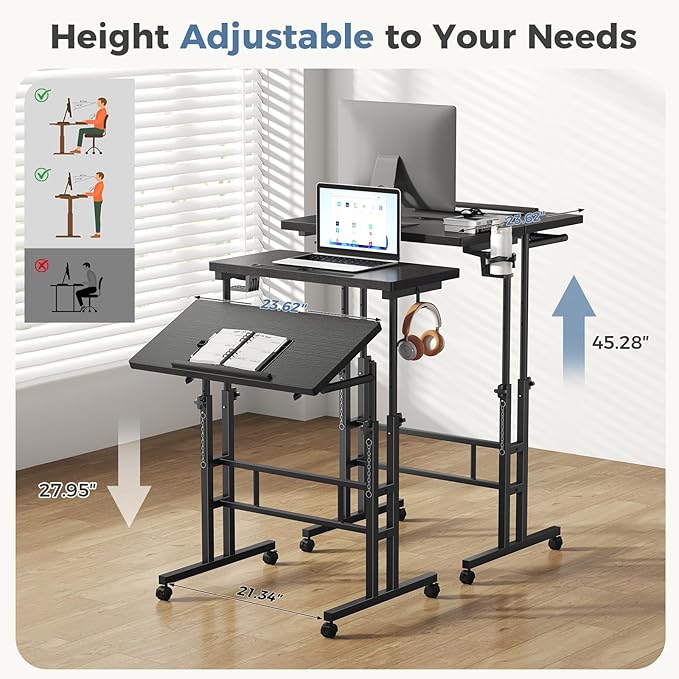 DUMOS Split Top Rolling Standing Desk, 23.6" Mobile Laptop Desk, Manual Height Adjustable Workstation on Wheels, Sit Stand Office Table, Walking Pad Study Desk, Black