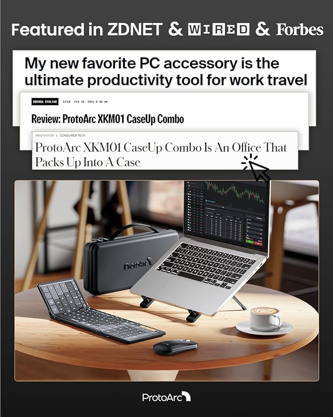 ProtoArc Foldable Keyboard Mouse Combo, XKM01 CaseUp Portable Bluetooth Keyboard and Mouse with Laptop Stand, a Mobile Work Solution for On-the-Go, Compatible with Laptop PC MacBook Windows Mac OS