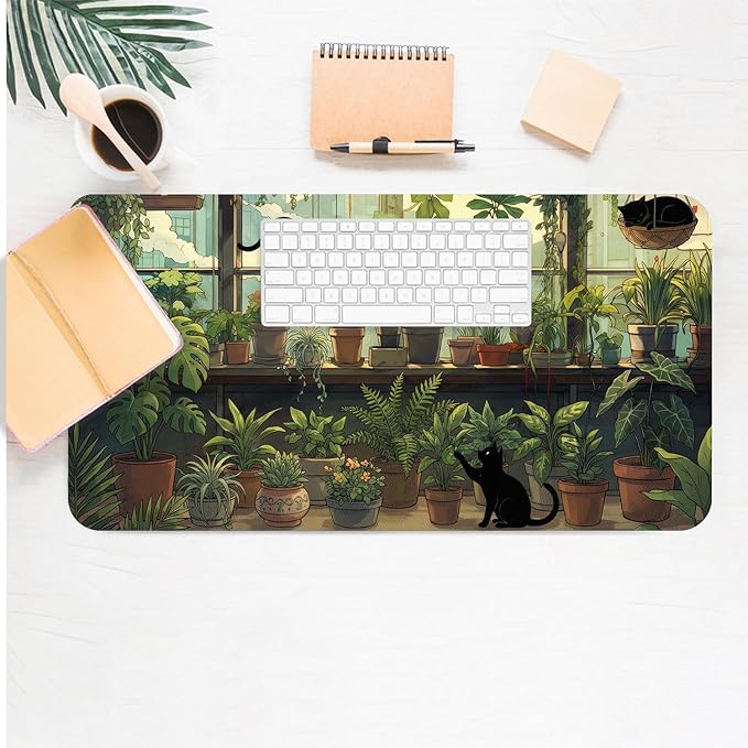 Cute Desk Mat, Green Plants Cat Large Mouse Pad for Desktop, PU Leather Waterproof Desk Pad, Anti-Slip Computer PC Laptop Protector Gaming Mouse Pads for Office Home Decorations (27.5" x 13.8")