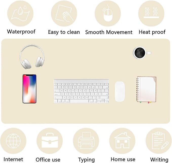 PU Leather Desk Pad Protector Gaming Mouse Pad Non Slip Desk Mat for Keyboard and Mouse Waterproof Desk Writing Pad for Office and Home Desk Accessories(Beige, 31.5 * 15.7)