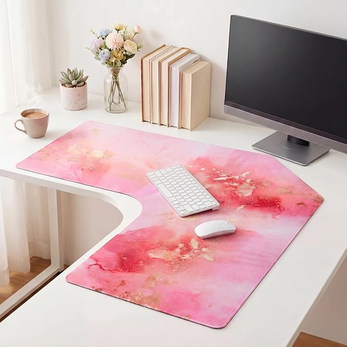 Relaxweex L Shaped Desk Mat for 90° Corner Desks, 26" x 26" Pink Waterproof Mouse Pad with 18" Inner Corner, Non-Slip Rubber Desk Protector for Office & Gaming