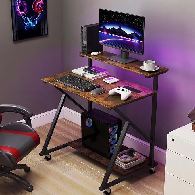 Tangkula Rolling Computer Desk Cart with Power Outlets, 32" Mobile Portable Laptop PC Desk with Monitor Stand, CPU Stand & Storage Shelf, Compact Small Desk on Wheels for Small Space (Rustic Brown)