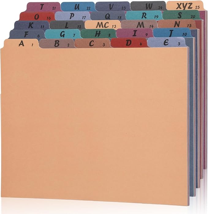 1 Set 25 Alphabet File Dividers A-Z Top Tab File Guides Letter Size 1/5 Cut Tab Manila Alphabetical Files Organizer Filing Cabinet Dividers for Work Office Home School Desk Organizer(Business Color)