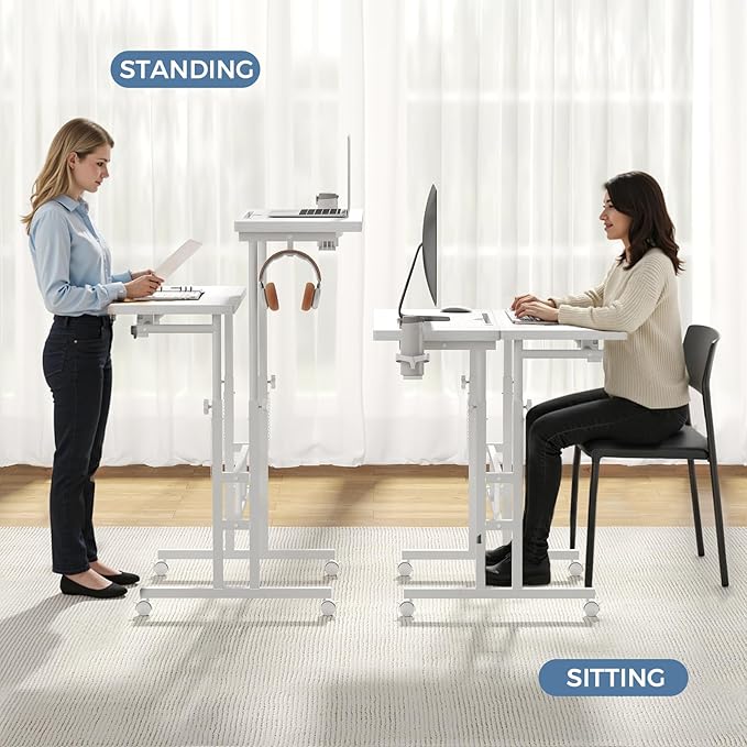 DUMOS Split Top Rolling Standing Desk, 23.6" Mobile Laptop Desk, Manual Height Adjustable Workstation on Wheels, Sit Stand Office Table, Walking Pad Study Desk,White