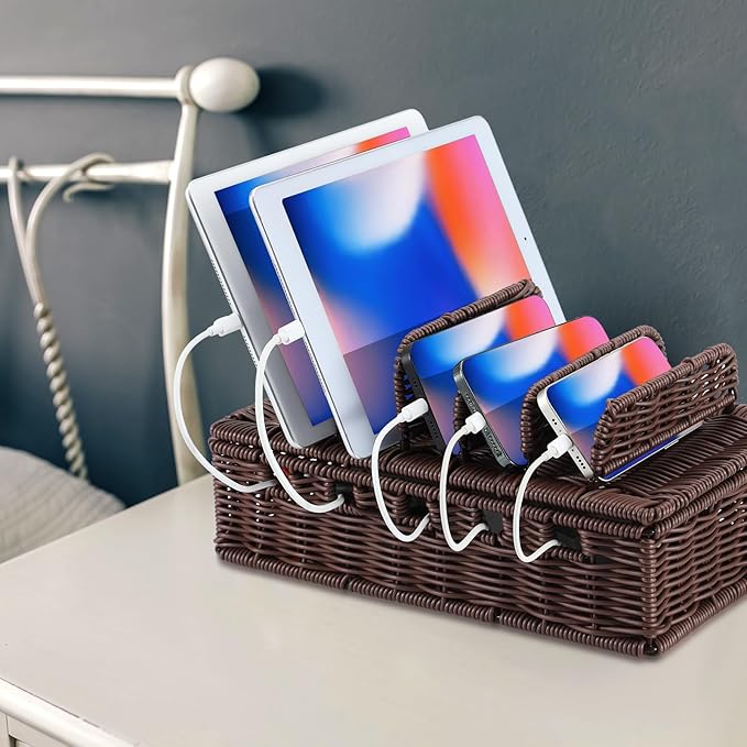 CroBlissful Cable Management Box Handwoven Imitation Rattan Cord Hider Box Charging Station Basket Desktop Cord Organizer with Removable Divider for Laptop Tablet 12.5lx5.9hx7.6w-inch (Coffee Color)