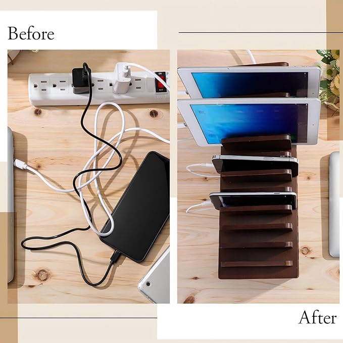 Bamboo Charging Station for Multiple Devices, Cell Phone Docking Charging Station Organizer and Cord Organizer for 10 Devices for Power Strip Storage, Phones and Tablets(Brown)