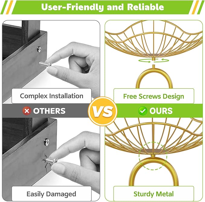 PouHenier.jh 4 Tier Fruit Bowl Basket for Kitchen, Countertop Vegetable Storage Stand, Tiered Metal Produce Organizer Rack Holder for Table Top, Modern Stylish Design with Stable Base and Handle, Gold