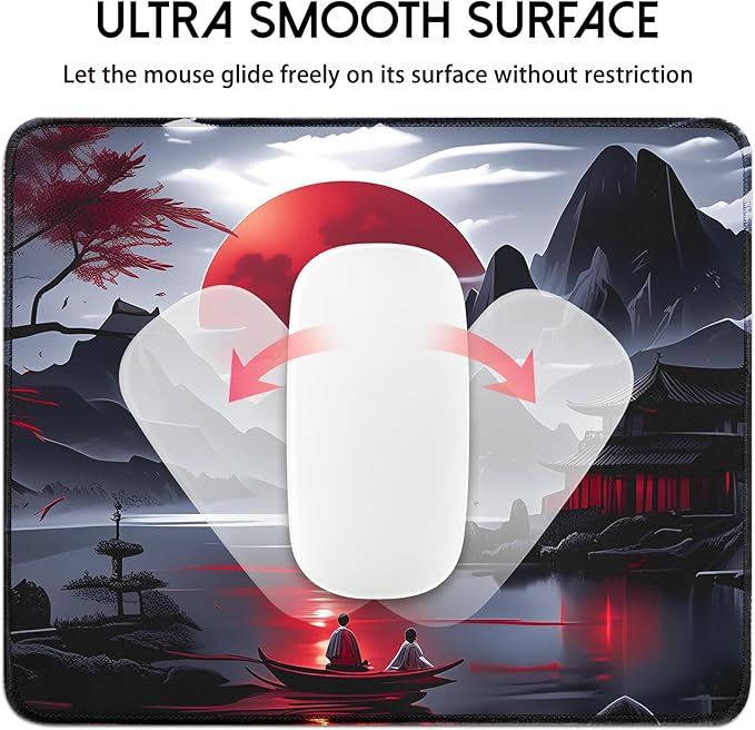 FreeNook Small Gaming Mouse Pad, Anime Black Mousepad with Stitched Edges, Expanded Cool Desk Mat, Japanese Red Moon Keyboard Mat Suitable for Home Office,10.2 X 8.3 Inch
