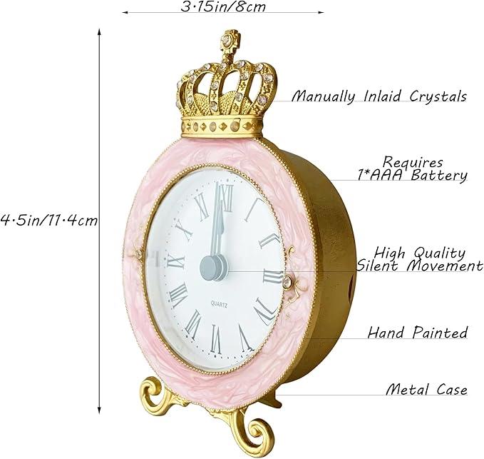 Vintage Mini Analog Table Clock, Silent Crown Table Clock with Hand-Painted Metal Body and Battery Operated Non-Ticking Core for Shelf, Living Room, Bedroom, Bedside, Desk
